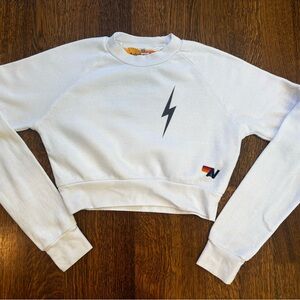 Aviator Nation White Lightning Bolt Crop Sweatshirt